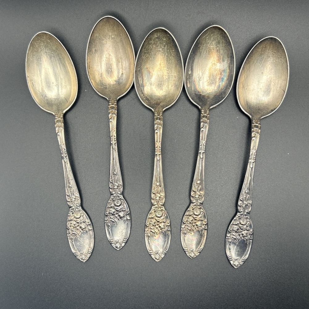 Alvin Silver Medium Cream Soup Spoon Silverplate No Monogram Rose Boquet